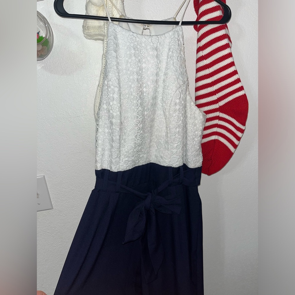 White and navy blue premier amour jumpsuit